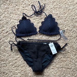 A&F navy crochet triangle bikini top & bottom